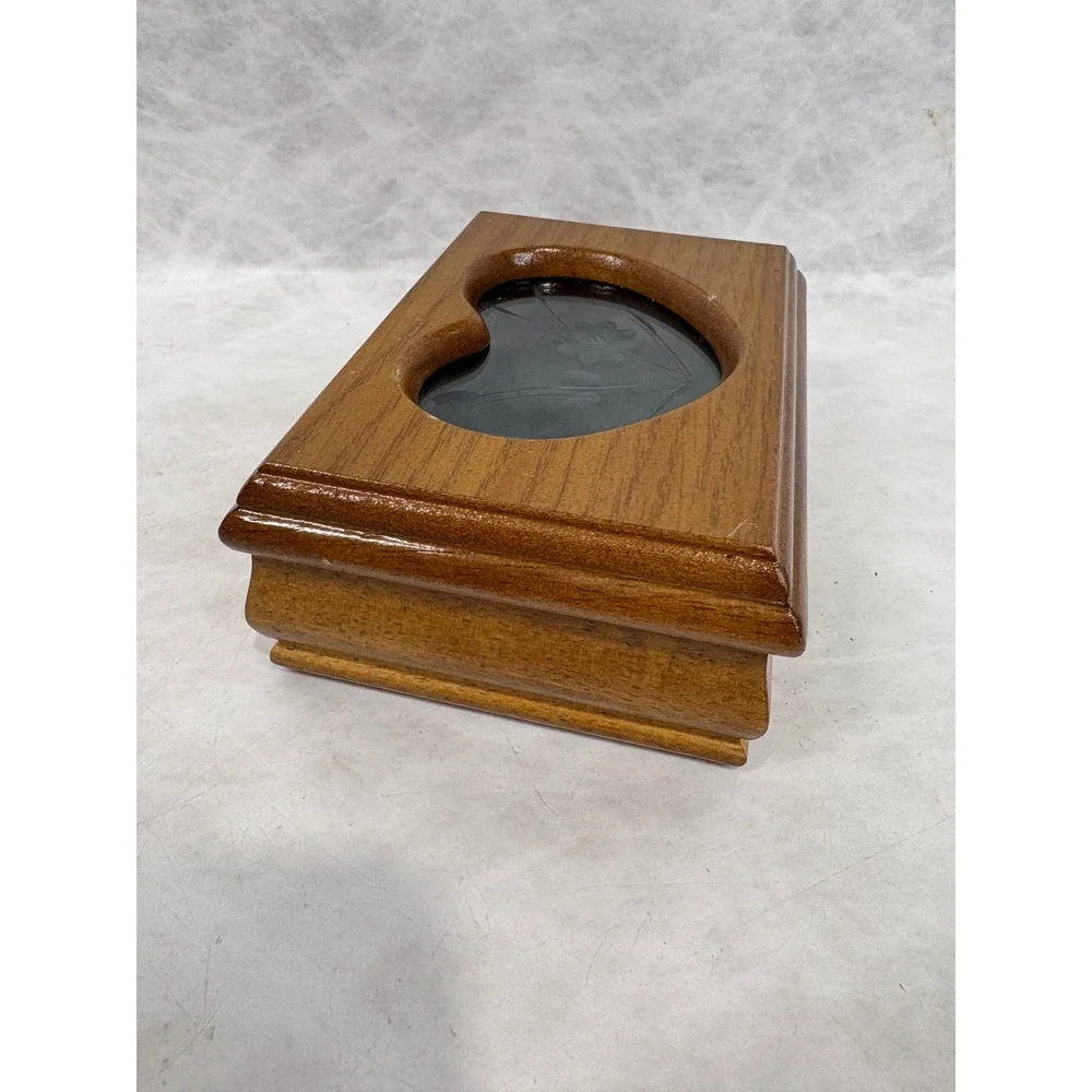 Vintage Wooden Jewelry Box Heart Etched Glass Floral Inlay Green Velvet Lining